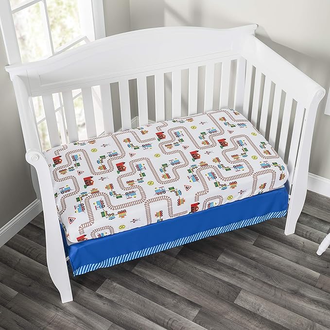 EVERYDAY KIDS 4 Piece Boys Crib Bedding Set - Choo Choo Train - Includes Quilt, Fitted Sheet, Dust Ruffle and Diaper Stacker - Nursery Bedding Set - Baby Crib Bedding Set