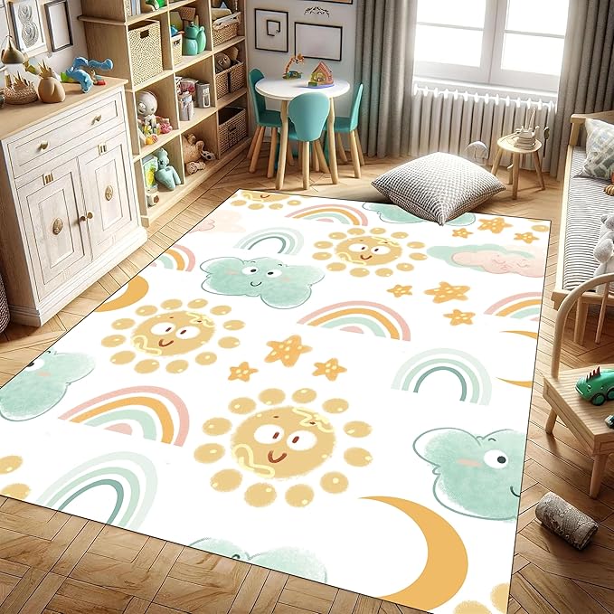 Soft Rainbow Area Rugs Girl's Bedroom Fluffy Colorful Rugs Cute Floor Mats Furry Children's Play Mats White Cloud Rainbow Prints Living Room Kids Room Nursery Home Decor (3, 2x5ft)