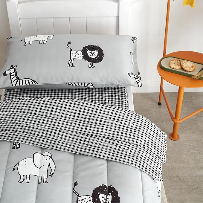 Flysheep 4 Piece Gray Grey Toddler Bedding Set with Multi Animals Printed for Baby Boys - Includes Quilted Comforter, Flat Sheet, Fitted Sheet & Pillow Case, Soft & Comfortable Microfiber