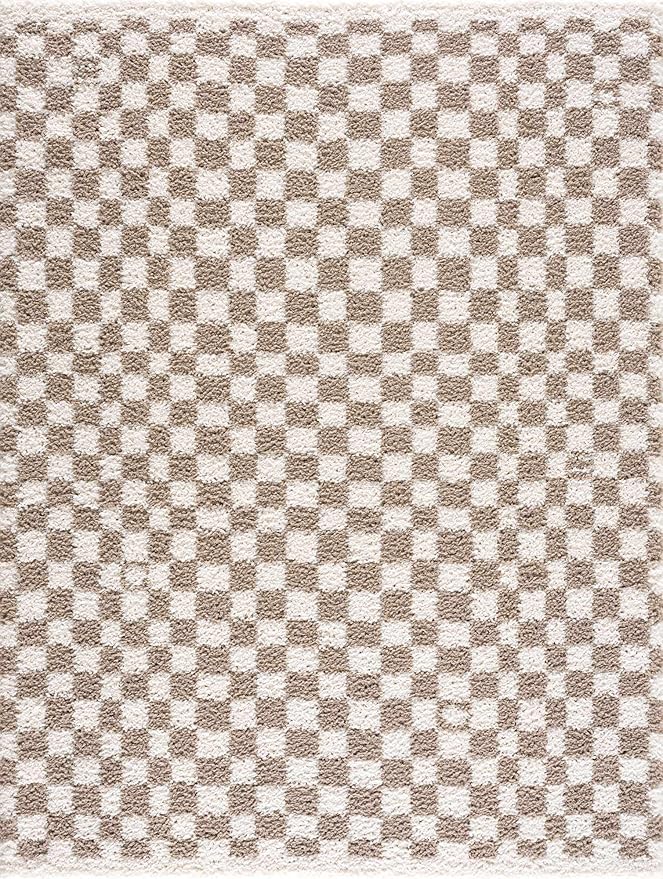 Hauteloom Kieu Contemporary Checkered Fluffy Shag Area Rug - Modern Geometric Soft Carpet Tiles for Living Room, Kids Room, Nursery - Gray, Taupe, White - 6'7" x 9'