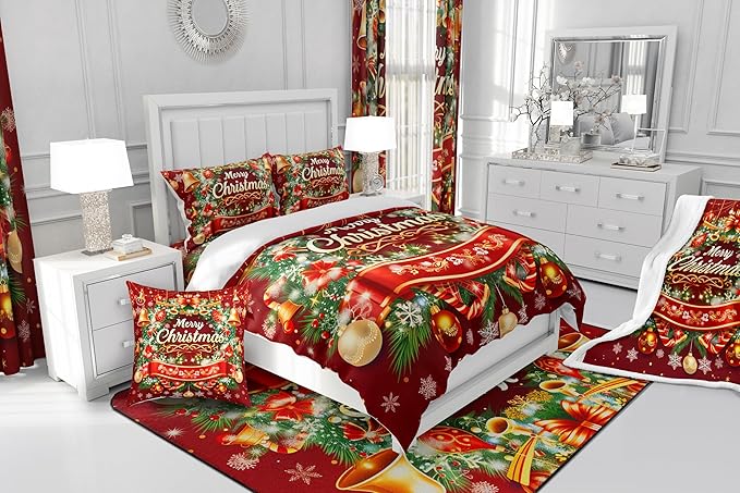 Merry Christmas Comforter Set for Twin Size, Kids Bedding Set with Xmas Wreath & Snowflake Pattern, Glitter Quilt Set of 2, Duvet Insert with 1 Pillowcase