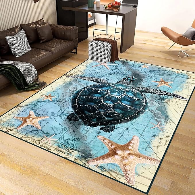 Nautical World Map Area Rug, 6x8ft, Coastal Sea Turtle Starfish Children's Rugs, Blue Ocean Themed Washable Dirty Resistant Mat, Soft Cozy Thin Easy Clean Mat for Floor Living Room