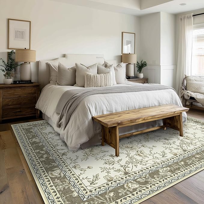 Large Neutral Beige Area Rug 9x12 for Living Room Earth Tone Cream Taupe Tan Pattern Modern Boho for Bedroom Soft Vintage Area Rug Farmhouse Floral Carpet for Dining Room Guest Bedroom Home Decor