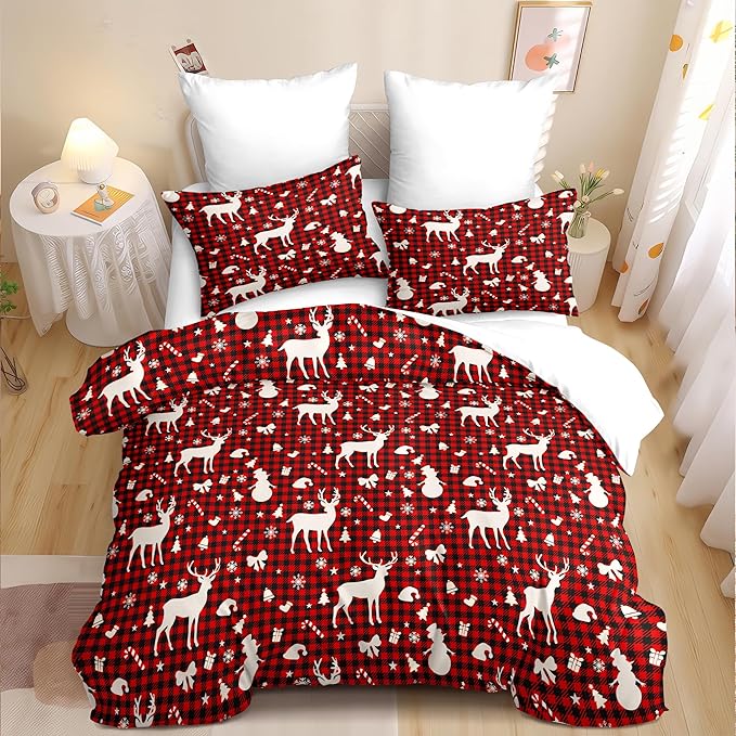 Christmas Duvet Cover Full Size Red Gingham Christmas Bedding Set 3 Pcs Kids Boys Girls Xmas Black Plaid Bow Pattern Comforter Cover with Zipper Closure (No Comforter)