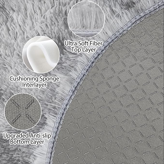 5 ft Round Fluffy Grey Rug for Bedroom,Tie Dyed Furry Round Carpet Non Slip Gray Fuzzy Shaggy Plush Circle Area Rug for Living Room Teen Room Nursery Room Playroom Kids Room Home Decor Washable