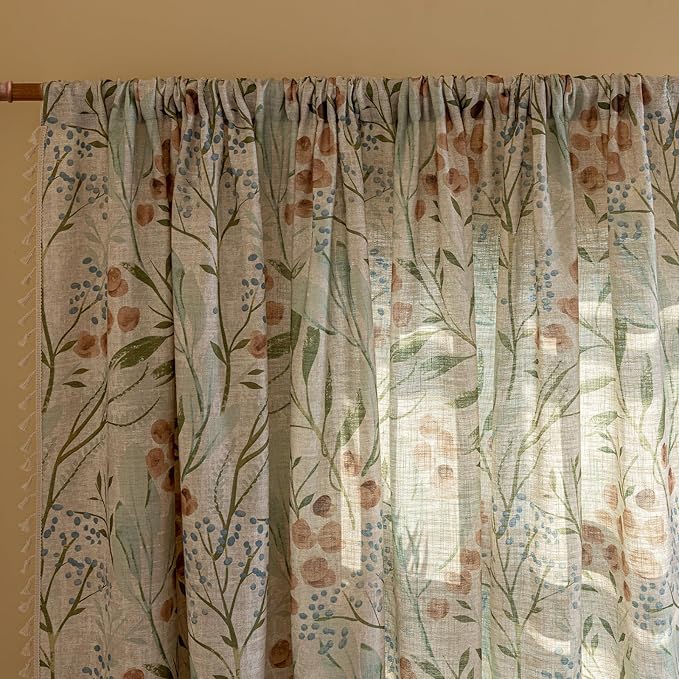 ENJOYBRIDAL Floral Curtains 63 Inch Long Bedroom Decor Drapes Short Semi Sheer Rod Pocket Living Room Window Curtain Panels Light Filtering Boho 2 Panels Tassel Vintage Window Treatments