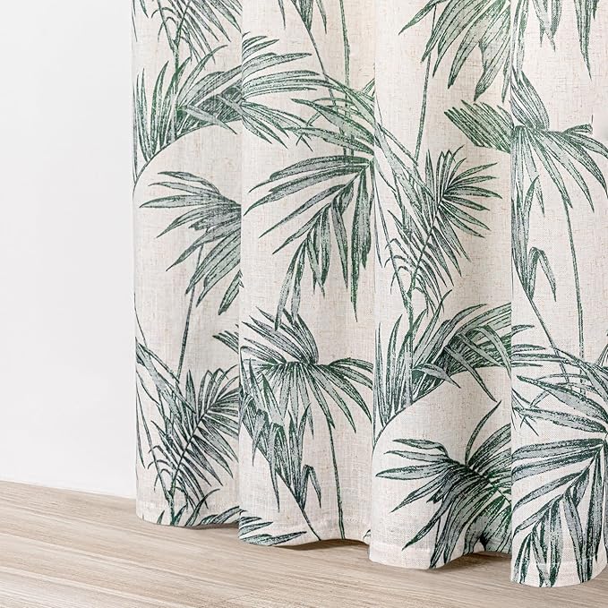 MYSKY HOME Linen Curtains for Living Room 84 inch Length 2 Panels Set Decor Semi Sheer Curtains Green Tropical Palm Leaves Plant Pattern Window Drapes for Bedroom Dining Room Patio, Green, 2 Pcs