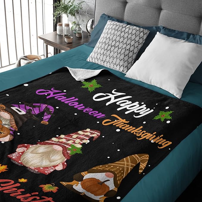Thuswarm Happy Halloween Thanksgiving Christmas Flannel Throw Blanket Soft Warm Gnomes Print Blankets for Bed Couch Sofa Room Decoration Gifts 50”×40” Small for Kid