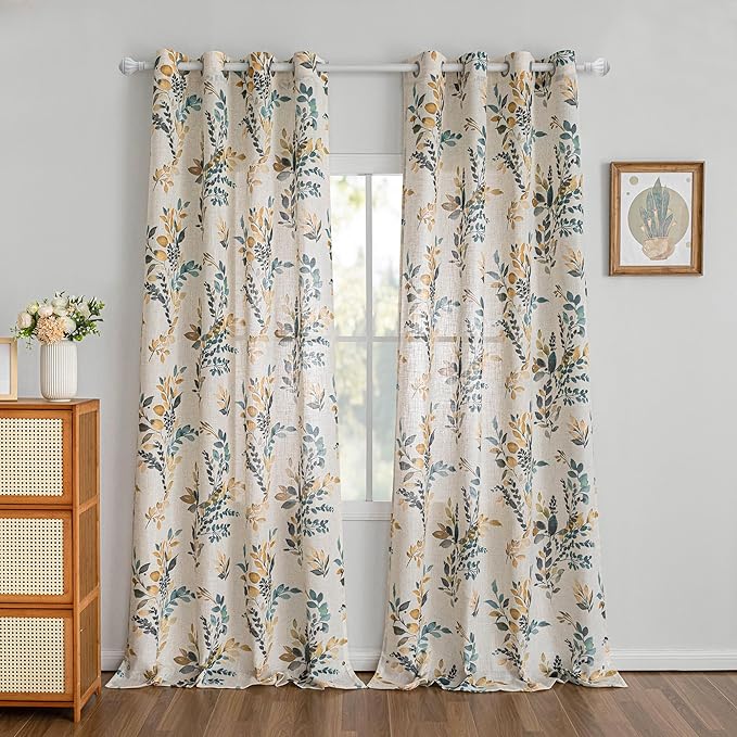 MYSKY HOME Linen Sheer Curtains for Living Room Leaf Patterned Semi Vertical Drapes Decor Farmhouse Style Texture for Dining Room Light Soften Privacy, Yellow and Blue, W52 x L90, Pack-2