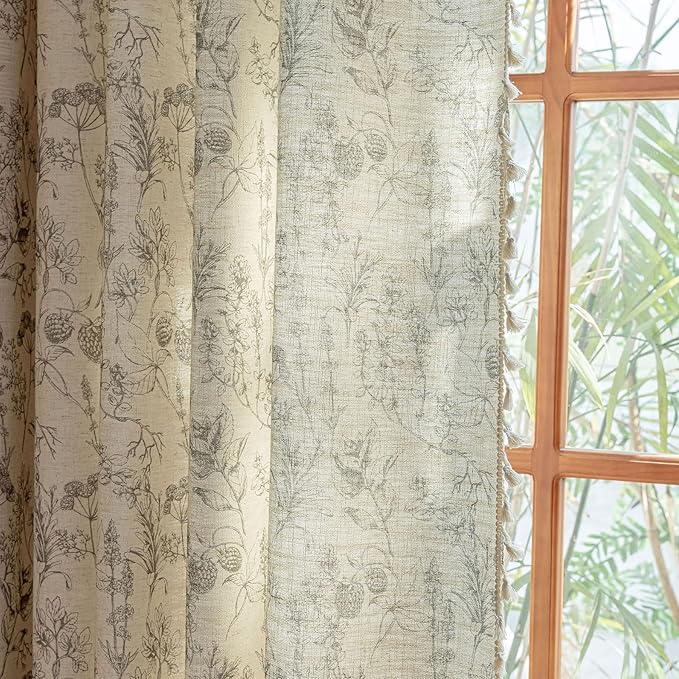 ENJOYBRIDAL Floral Curtains 84 Inch Long Vintage 2 Panels Drapes Rod Pocket Semi Sheer Rustic Bedroom Window Curtain Panels Boho Tassel Living Room Farmhouse Botanical Window Treatments