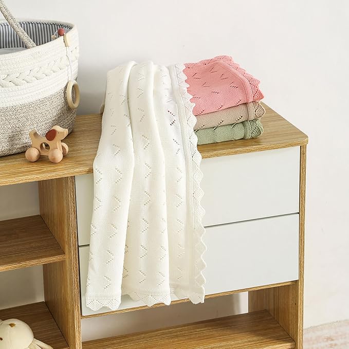 Baby Blanket 100% Cotton Knit Swaddle Soft Newborn Receiving Blanket Cozy for Boy/Girl Crib,Stroller White 40x30in