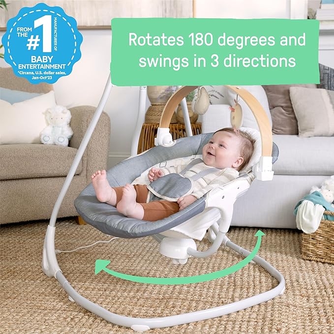 Ingenuity SimpleComfort Compact Baby Swing, Rotating Seat Swings in 3 Directions, 6 Speeds, 8 Melodies & 3 Nature Sounds, Ages 0-9 Months, Up to 20 Pounds - Parker