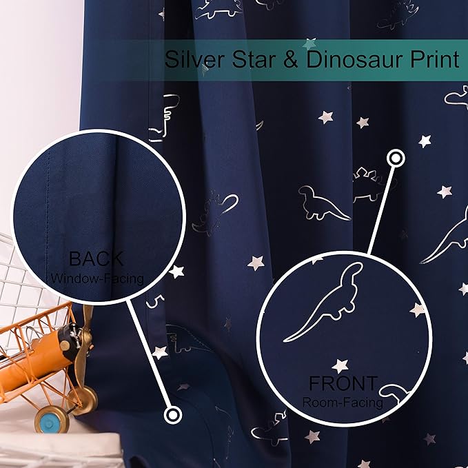 LORDTEX Dinosaur and Star Foil Print Blackout Curtains for Kids Room - Thermal Insulated Curtains Noise Reducing Window Drapes for Boys and Girls Bedroom, 42 x 63 Inch, Navy, Set of 2 Panels