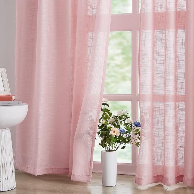 FMFUNCTEX Linen Semi Sheer Curtains for Bedroom, Blush Pink Curtains 96 Inches Long for Living Room, Country Farmhouse Sheer Drapes, Light Filtering Window Curtain, Grommet Top 2 Panels