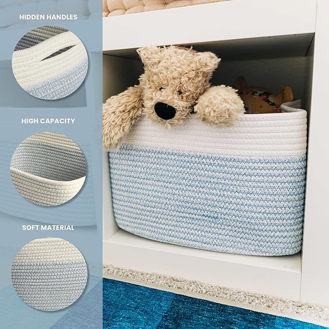 OrganiHaus Set of 3 Woven Storage Baskets for Shelves, Decorative Organizer Bins for Closet & Bathroom, Multipurpose Home Organization Baskets, Toy Storage Basket - Blue/Off-White, 15x9x10 inches