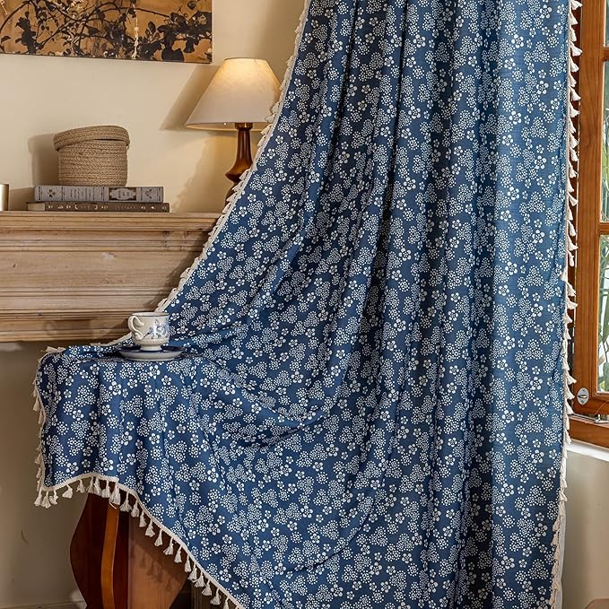 ENJOYBRIDAL White Floral Curtains 96 Inches Long Semi Sheer Navy Blue Drapes Decor Farmhouse Bedroom Tassel Window Curtains 2 Panel Sets Boho Rod Pocket Living Room Aesthetic Window Treatments