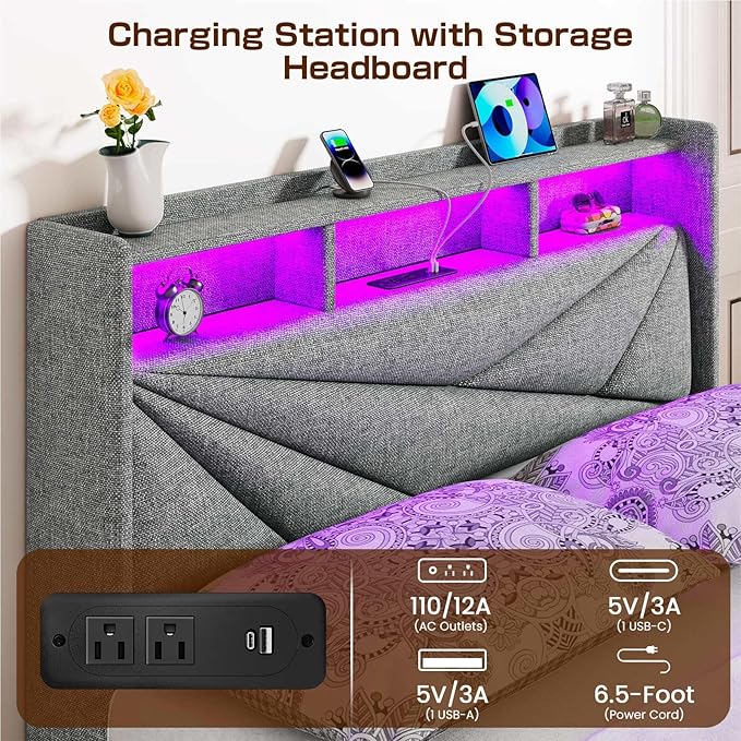 LED King Size Bed Frame with 4 Storage Drawers, Upholstered King Bed Frame with 2-Tier Headboard and Charging Station, No Box Spring Needed, Easy to Assembly - Light Grey