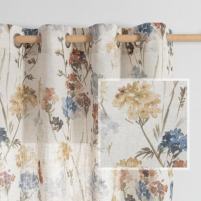 MYSKY HOME Linen Floral Curtains & Drapes 63 Inch Long 2 Panels Semi Sheer Light Filtering Privacy Flower Print Grommet Window Treatments for Kitchen Bedroom, 52" Wide Each Panel, 2 Pcs, Yellow