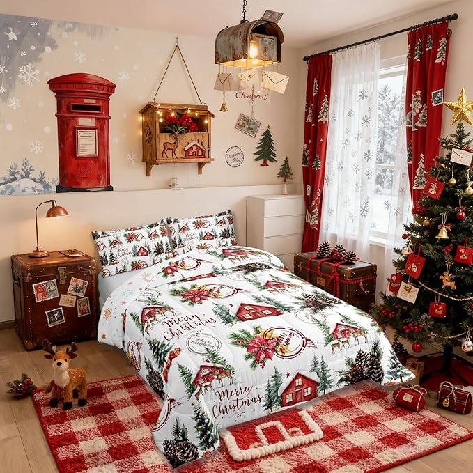 Merry Christmas Comforter Set King Size,Poinsettia Winter Xmas Pine Tree Kids Bedding Set,Snowflake Rustic Farmhouse Quilt Comforter,Red Green White Duvet Insert,2 Pillowcases