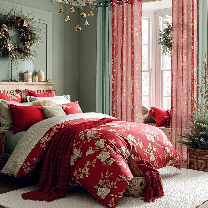 NICETOWN Christmas Curtain Set - 2 Green Sheer (W29 x L63) & 2 Gold Foil Printed Panels(W40 x L63), Grommet Festive Window Decor for Holiday Season