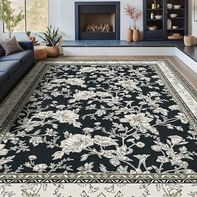 Black Farmhouse Washable 9x12 Area Rugs for Living Dining Room Bedroom Office Kitchen Table Large Rug for Under Table, Beige Cream Taupe Sketch Pattern Floral Vintage Boho Farmhouse Home Decor