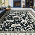 Black Floral Area Rugs 6x9 Living Room, Black with Cream Beige Taupe Flower Design Low-Pile Washable Rugs for Bedroom Dining Room, Vintage Modern Farmhouse Boho Indoor Floor Carpet Kids Playroom