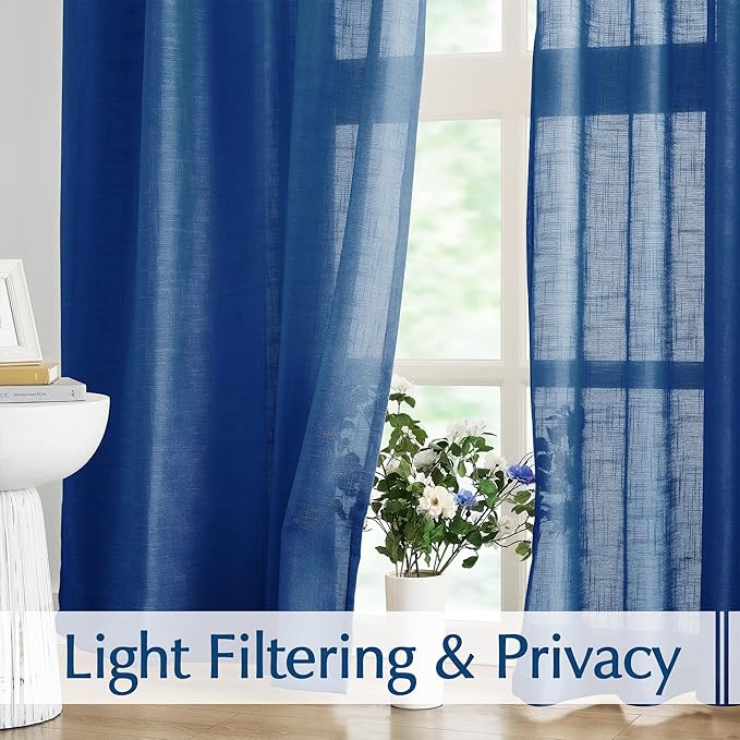 FMFUNCTEX Linen Semi Sheer Curtains 63 Inch Length for Bedroom, Navy Blue Pinch Pleated Curtains for Living Room, Light Filtering Farmhouse Window Drapes Rod Pocket Back Tab 2 Panels Set