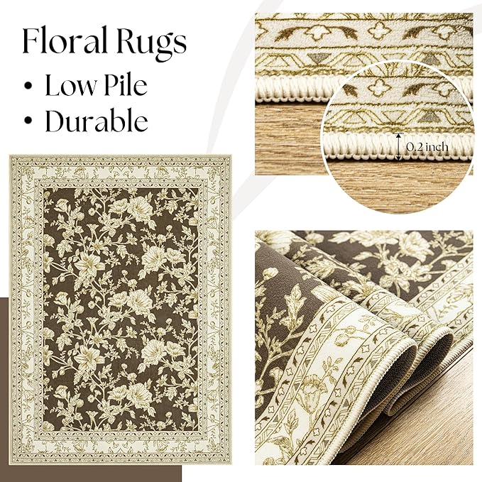 Brown Floral Print Area Rugs for Bedroom Living Room Boho Farmhouse Country Rustic Dining Room Carpet Soft Washable Rugs Non Slip Floor Covering for Nursery Playroom 5x8