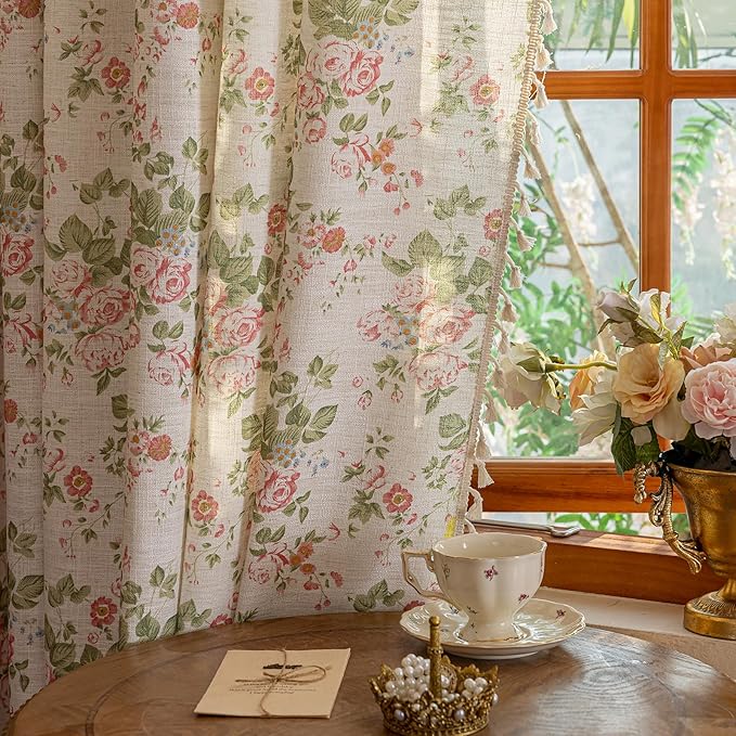 ENJOYBRIDAL Pink Floral Curtains 84 Inches Long Bedroom Semi Sheer Drapes Floor Length Living Room Farmhouse Boho Window Curtains 2 Panel Sets Dining Room Decor Rod Pocket Tassel Window Treatments