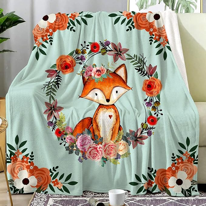 Fox Blanket Flower Fox Print Throw Blanket Ultra Soft Flannel Blankets Gifts for Kids Adults 60"x50"