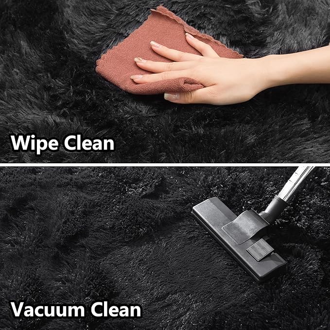 2 x 6 Runner Rug - Non Slip Washable Hallway Fluffy Rug with Rubber Backing - Fluffy Rugs for Bedside Dorm - Black