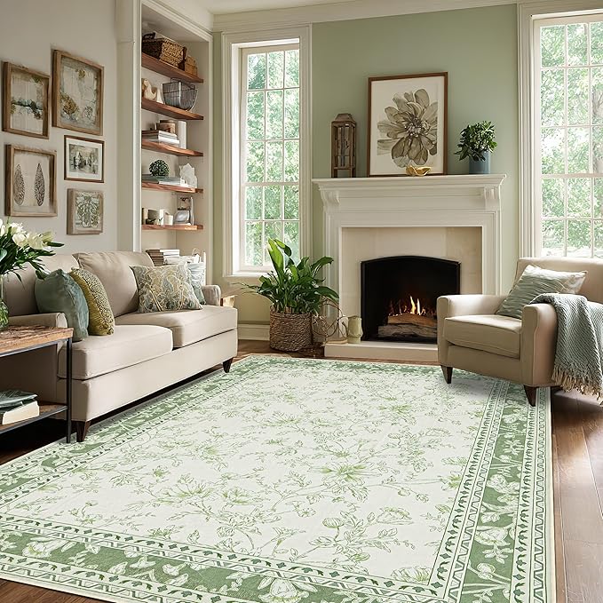 Sage Green Floral 5x7 Area Rug Vintage Boho Washable Printed Rug for Living Room Non-Slip Soft Bedroom Cottagecore Farmhouse Carpet for Dining Room Nursery Light Green and Cream Beige Sketch Style
