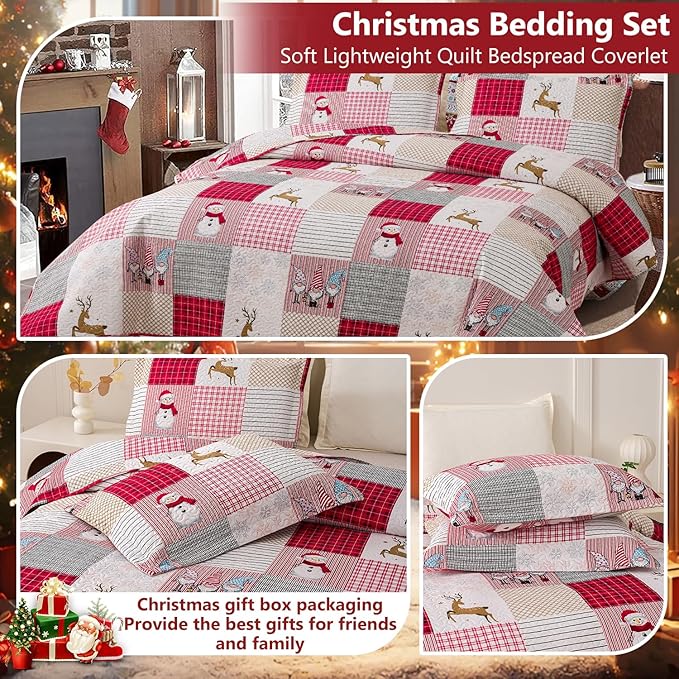 Jessy Home Christmas Bedding Set Queen Christmas Quilt Bedspread Pink Gnome Santa Claus Plaid Patchwork Xmas Quilt Bedding Decor Winter Snowman Elk Lightweight Reversible Bedspread Coverlet