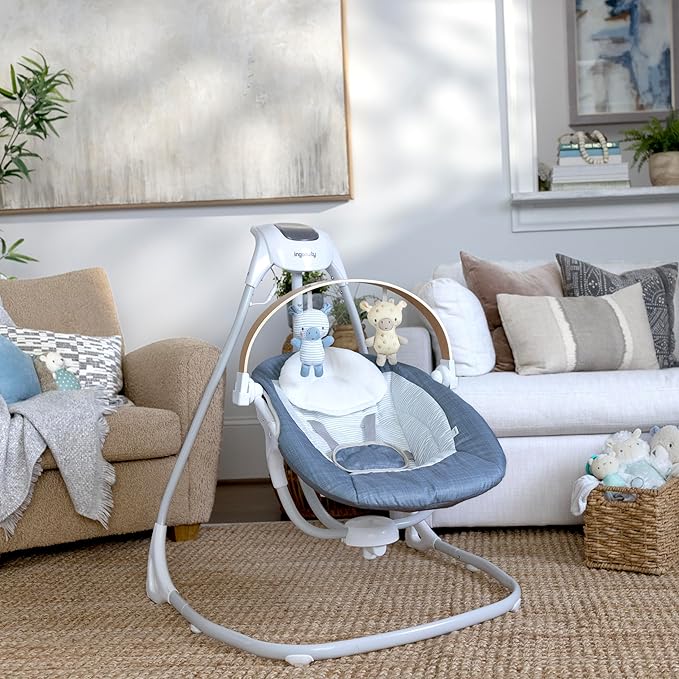 Ingenuity SimpleComfort Compact Baby Swing, Rotating Seat Swings in 3 Directions, 6 Speeds, 8 Melodies & 3 Nature Sounds, Ages 0-9 Months, Up to 20 Pounds - Chambray