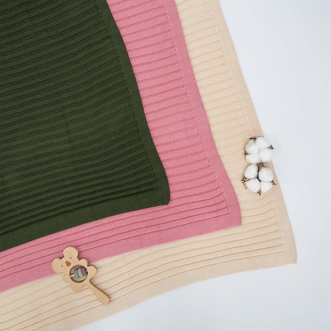 Baby Knit Blanket, 100% Cotton Ribble Patterns, Soft, Cozy, Lightweight Swaddle for Newborn & Infant Swaddling Beige Neutral, Perfect Baby Shower Ideas Lilac 28x36