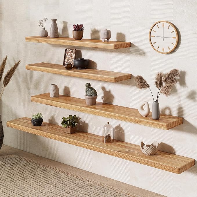 Fun Memories 72 Inch Floating Shelves for Wall, Rustic Solid Elm Wood Shelves for Home Decor, 8 Inch Deep Floating Shelf Wall-Mounted, Heavy-Duty Storage Shelf for Living Room, Bedroom, Kitchen
