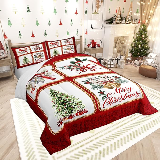 Christmas Plaid Comforter Set King Size,Berries Cardinals Xmas Pine Print Bedding Set All Season Quilt Set,Floral Bells Red Lace Patchwork Microfiber Polyester Down Comforter