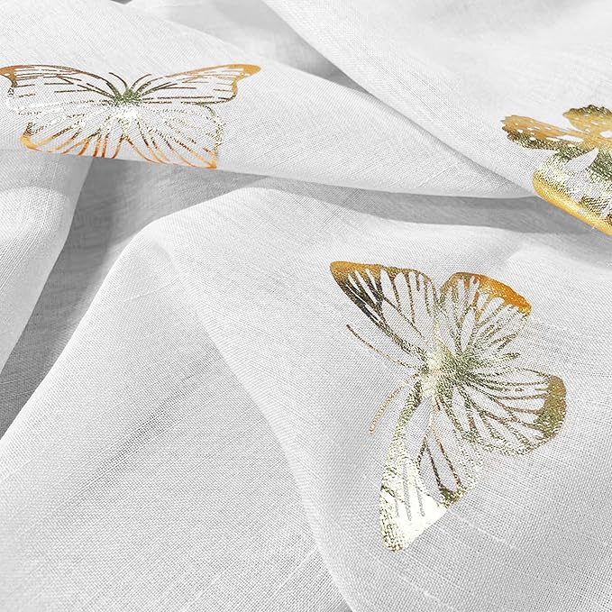 Jubilantex Butterfly White Sheer Curtain Panels for Kids Nursery Girl, Gold Print Toddler Linen Textured Voile Rustic Rod Pocket Drapes 63 Inch for Farmhouse, Living Room, Bedroom, 2 Panels