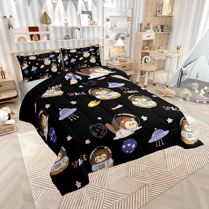 Castle Fairy Space Planet Boys Girls Comforter Set Full Size,Cartoon Hedgehog Astronaut Duvet Set Teens Bedroom Decor,Spaceship Starry Sky Microfiber Soft Bedding