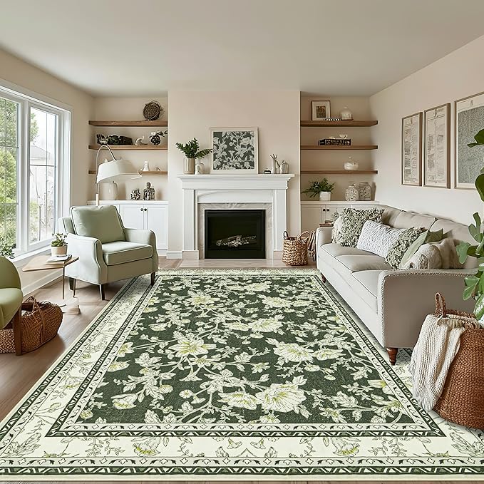 Olive Green Floral Print Area Rugs for Bedroom Living Room Boho Farmhouse Country Rustic Dining Room Carpet Soft Washable Rugs Non Slip Floor Covering for Nursery Playroom 8x10