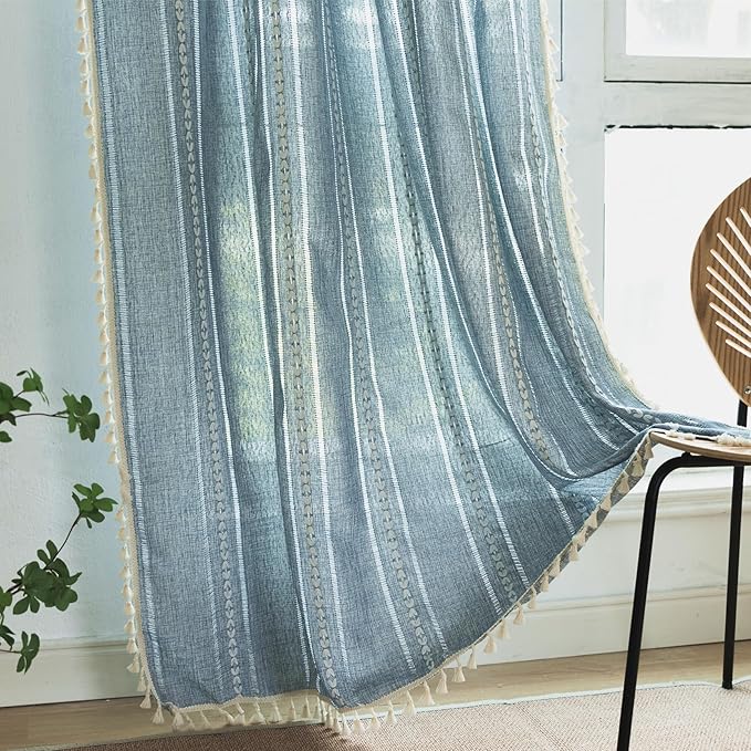Deeprove Blue Boho Curtains 63 Inches Long for Bedroom Living Room Kitchen, Bohemian Embroidery Light Filter, Vintage Handmade Tassels Farmhouse Decor Drapery, Rod Pocket, 1 Panel W52 x L63