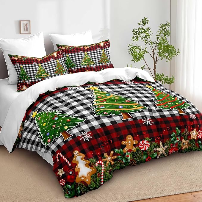 Christmas Duvet Cover Queen Size Black White Gingham Bedding Set 3 Pcs Kids Boys Girls Red Plaid Grid Christmas Tree Gingerbread Man Comforter Cover with Zipper Closure (No Comforter)
