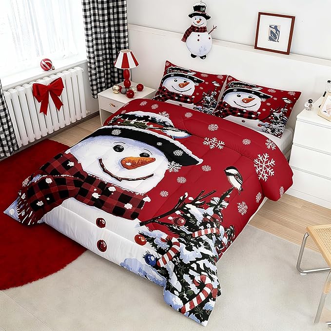 Feelyou Kids Christmas Theme Decorations Bedding Set Xmas Snowman Comforter Set for Boys Girls Red Bedroom Collection King Size