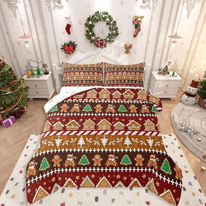 Feelyou Merry Christmas Comforter Set King Size Greenland Home Bedding Set for Kids Boys Girls Xmas Tree Duvet Quilt Striped Bedroom Decor Microfiber 3 Pcs with 2 Pillow Cases