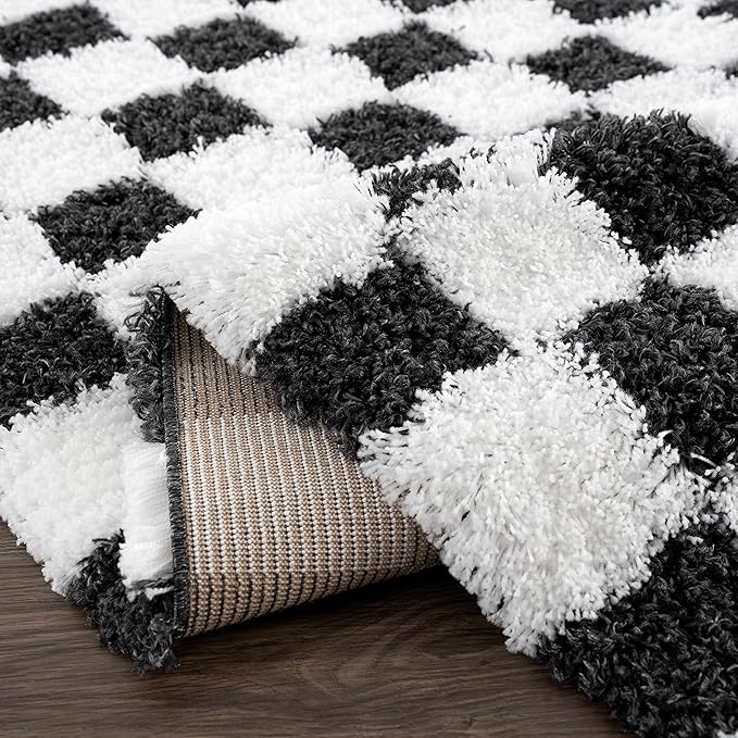Hauteloom Atira Contemporary Checkered Fluffy Shag Area Rug - Modern Geometric Carpet Tiles for Living Room, Kids Room, Nursery - Plush Pile - Black, White - 5'3" x 7'3"