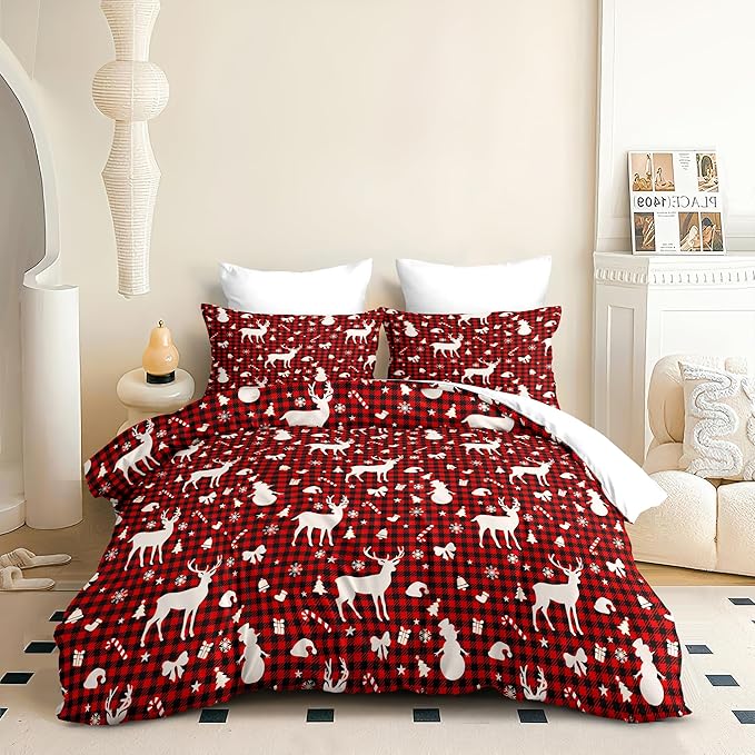Christmas Duvet Cover King Size Red Gingham Christmas Bedding Set Kids Boys Girls Xmas Black Plaid Bow Pattern Comforter Cover 3 Pieces with Zipper Closure (No Comforter)