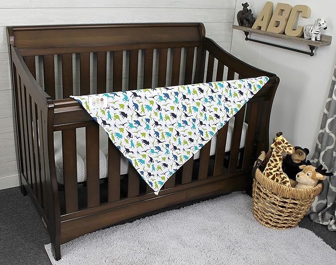 Baby Blanket - Blue and Green Dinosaurs on White with Navy Blue Minky Dot