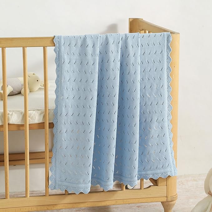 Baby Blanket 100% Cotton Knit Swaddle Soft Newborn Receiving Blanket Cozy for Boy/Girl Crib,Stroller Blue 40x30in