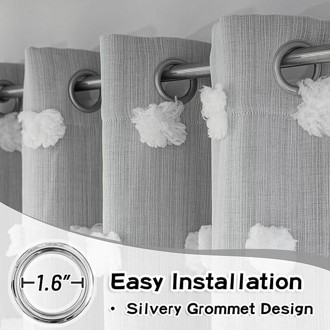 MYSKY HOME 90 Inch Long Grey Curtains for Living Room Double Layer Blackout Curtains for Boys Bedroom White Pom Pom Sheer Curtains for Kids Room Darkening Grommet Top Nursery Window Panels 52 x 90 in