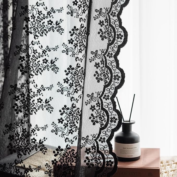 Anmao Vintage Lace Curtains 54 Inches Long 2 Panels Set, Romantic Elegant Light Filtering Semi Sheer Floral Thick Lacy Curtain Drapes for Living Room and Bedroom, Each Panel 55W x 54L, Black